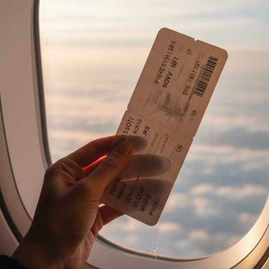 A cinematic close-up travel photograph focusing on a hand holding a flight ticket in warm golden sunlight. Soft natural light, elegant pastel tones, minimal background blur, fine-art travel aesthetic, feeling of anticipation and freedom, stylish composition, 1024x1024, editorial photography style.