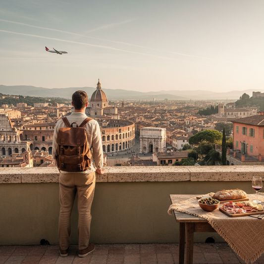 A cinematic travel scene showing the essence of a perfect journey — a traveler with a backpack standing on a hill or balcony overlooking a beautiful European city with iconic landmarks, an airplane flying gently in the sky, a cozy boutique hotel in the distance, and a small table nearby with local food and wine. Warm golden light, soft shadows, earthy boho tones (beige, terracotta, sage green). The atmosphere feels complete, calm, and inspiring — a full picture of travel, taste, and freedom.